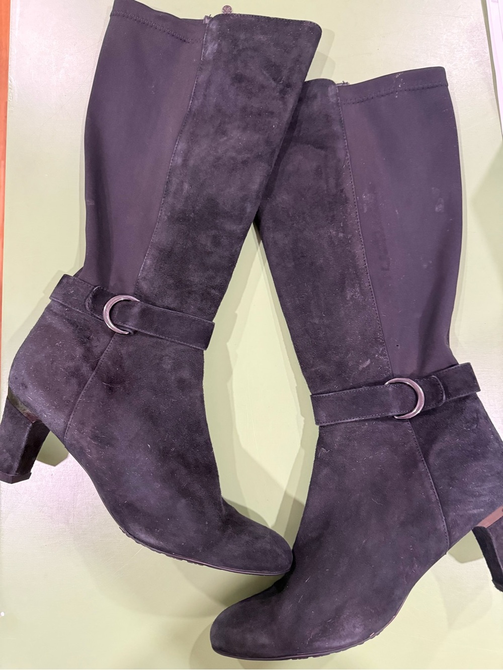 Blondo Black Suede Knee-High Heeled Boots with Ring Accent